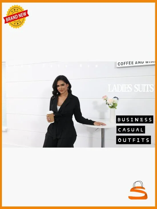 Professional Two-Piece Pantsuit Set with Belt, Polyester Spandex, S-2XL - Picture 7 of 7